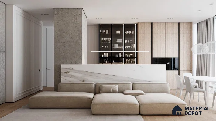 a kitchen with marble counter tops and stainless steel appliances on the wall, along with hanging lights hanging from the ceiling over the ceiling over the wall next to an island in front of a wooden floor and white